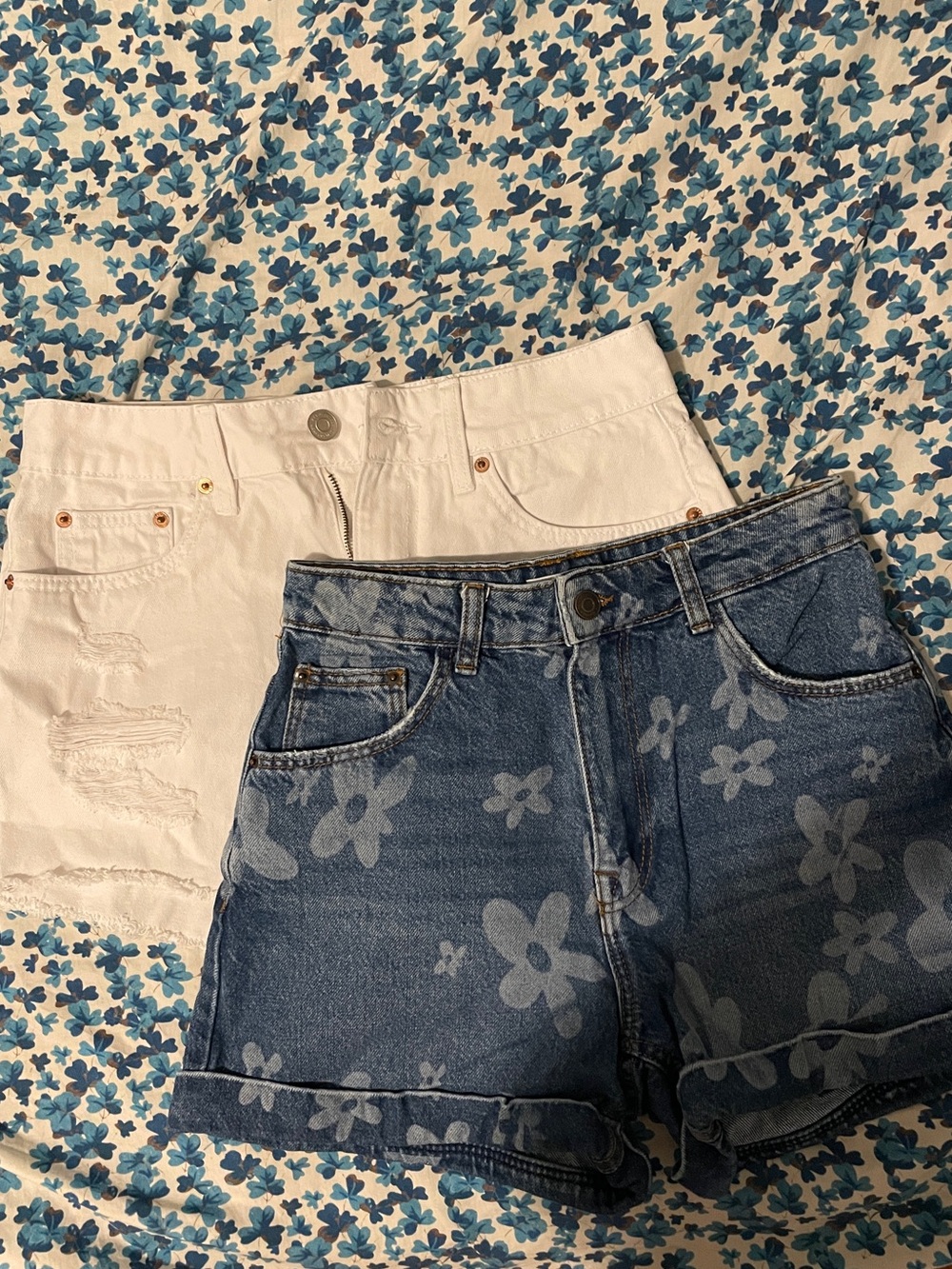 Bershka Blue Floral Denim Shorts and Aeropostale White Distressed Denim Shorts